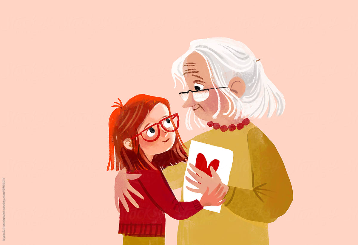 Girl giving GrandMother  greeting card with heart