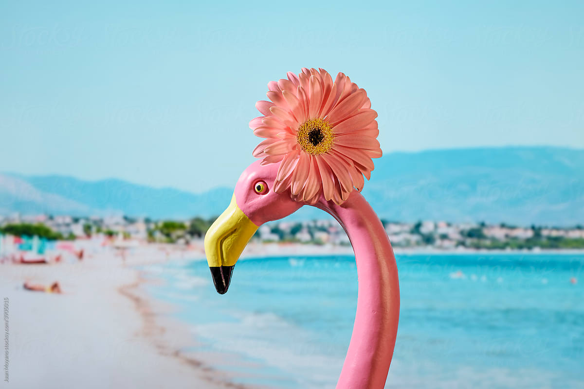 fake pink flamingo on a virtual beach