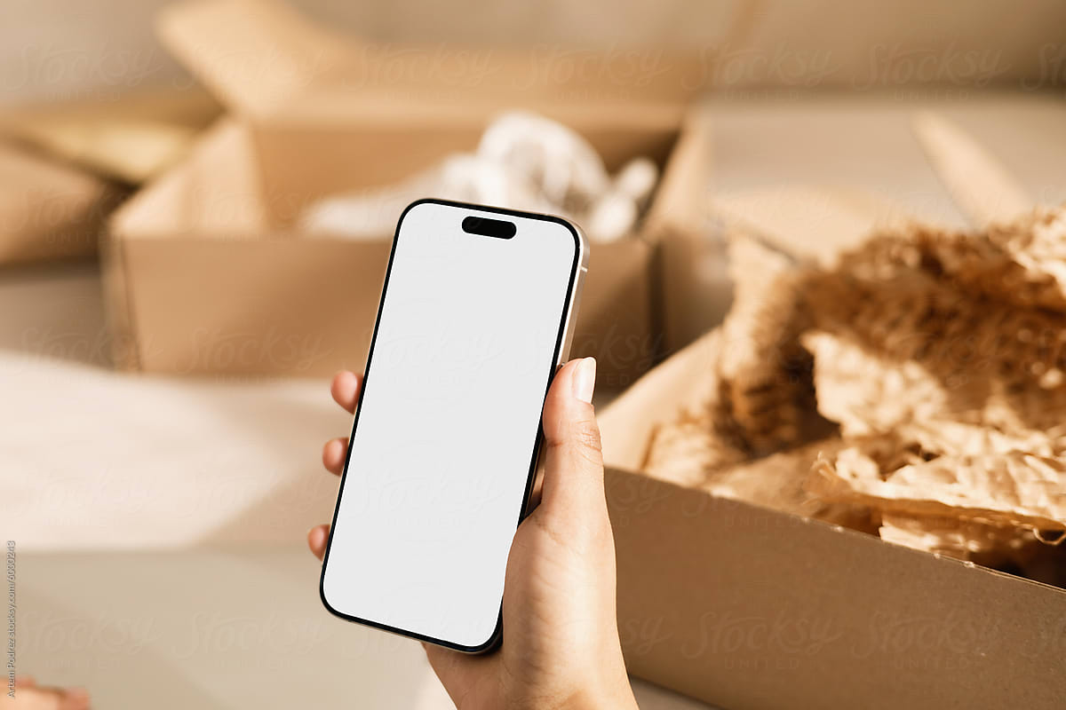 Mockup Phone and Unboxing package at Modern Home