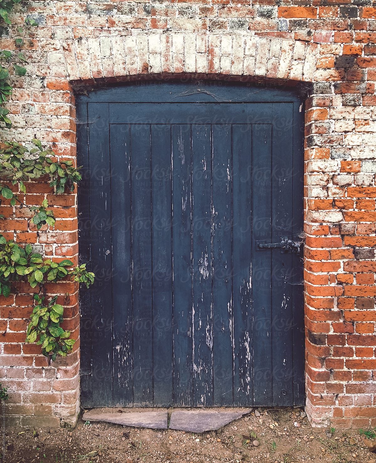 A weathered door in an old brick wall.