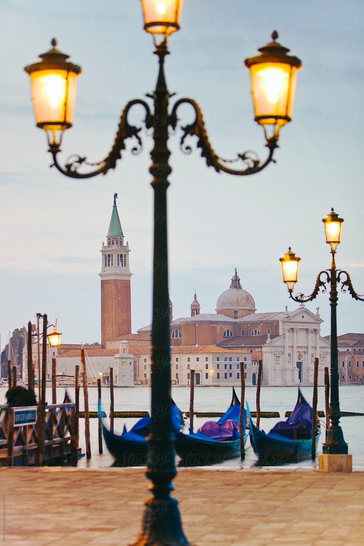 Quay at St Mark\'s Square with Gondolas and the view to San Giorgio Maggiore Island, Venice, Italy, Europe