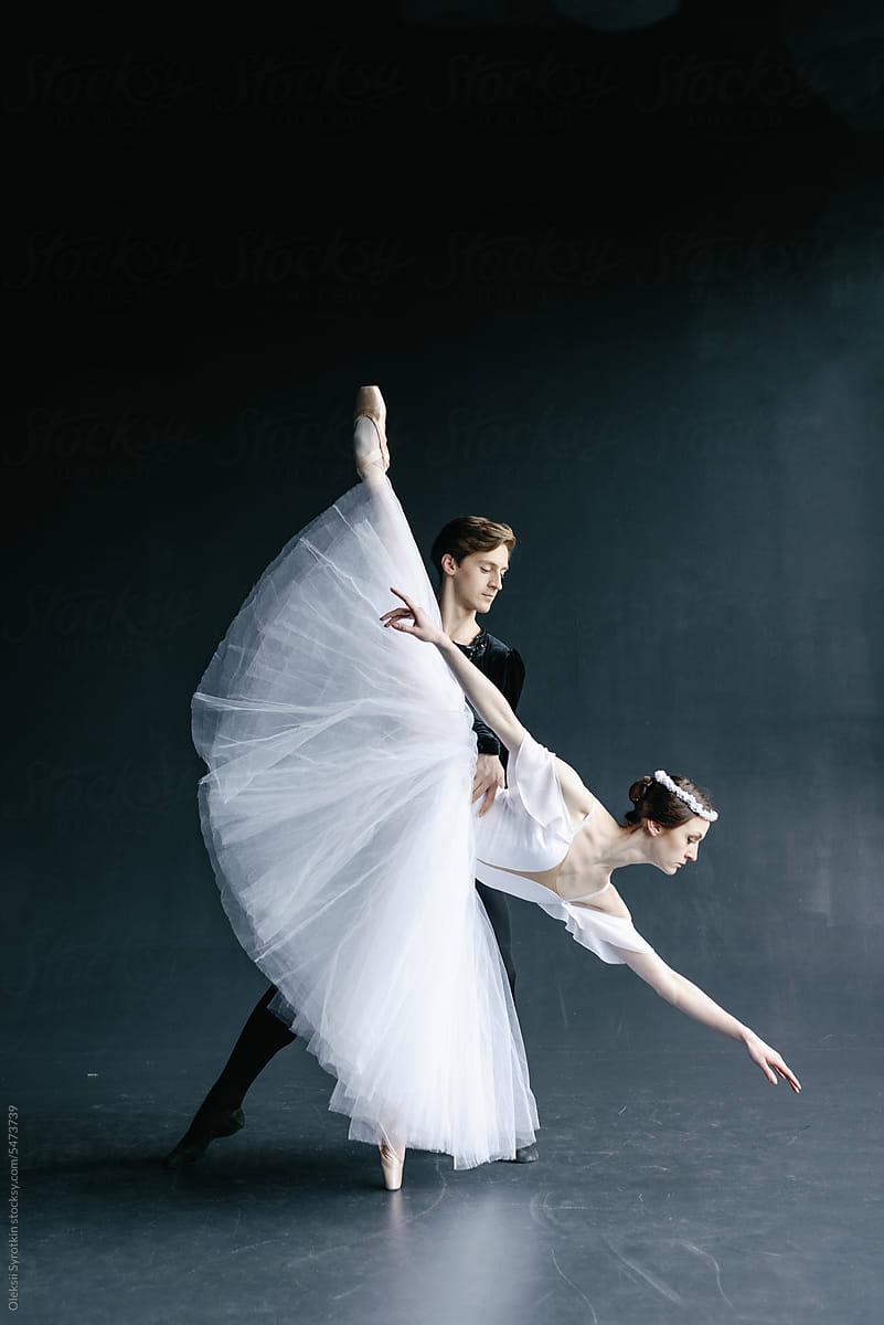 Ballet couple practicing choreography. Studio performance