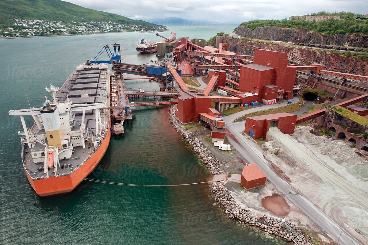 Narvik Norway iron ore ship loading, steel exports, aerial docks