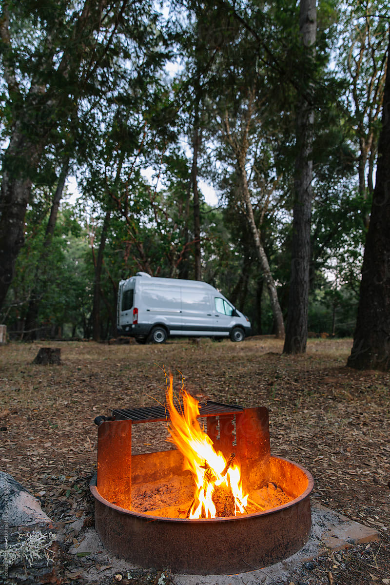 Campfire and campervan