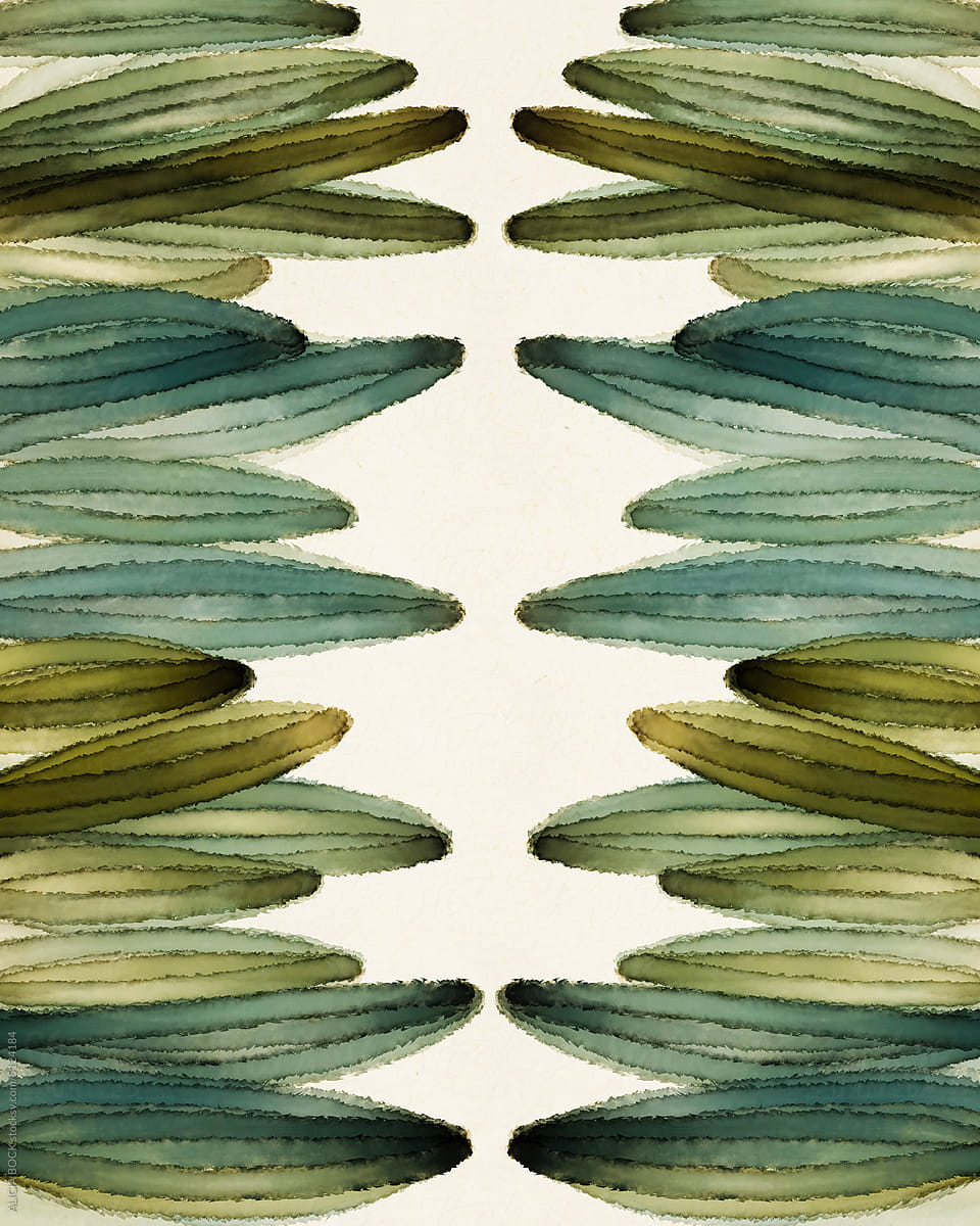 Layered Leaf Drawing In Warm Green And Blue Tones