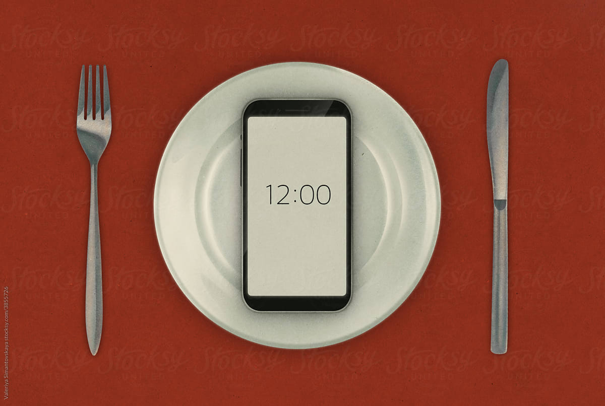 Smartphone on a plate with cutlery illustration
