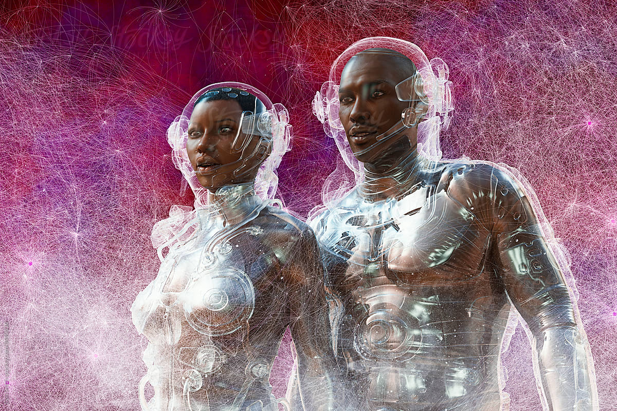Astronauts with graphical overlay pattern and futuristic transparent space suits