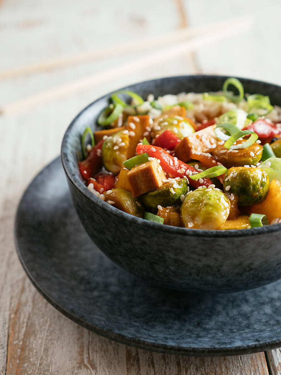 Sweet Sour Brussels Sprouts with Tofu