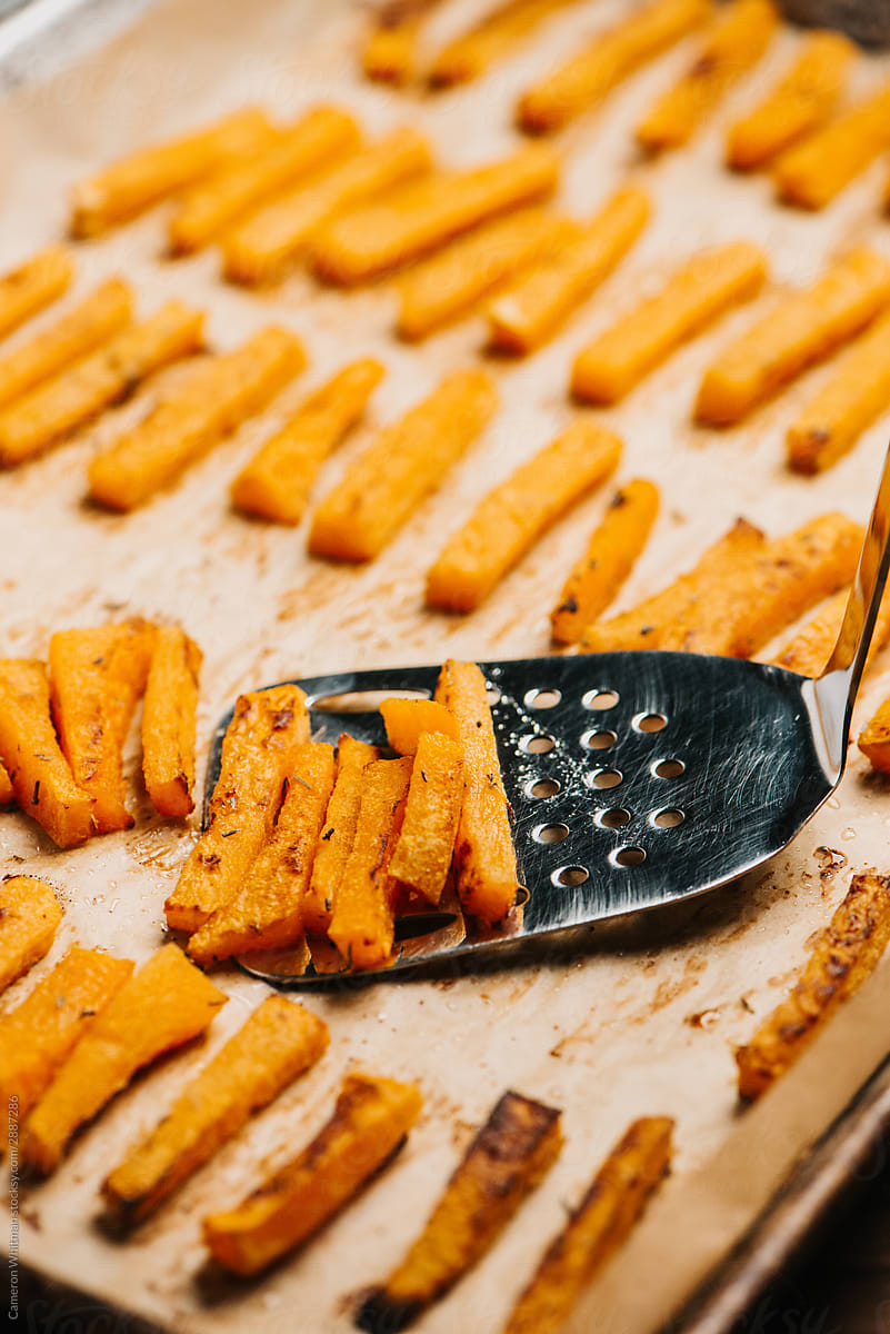 Lifting Butternut Squash Fries with a Spatula