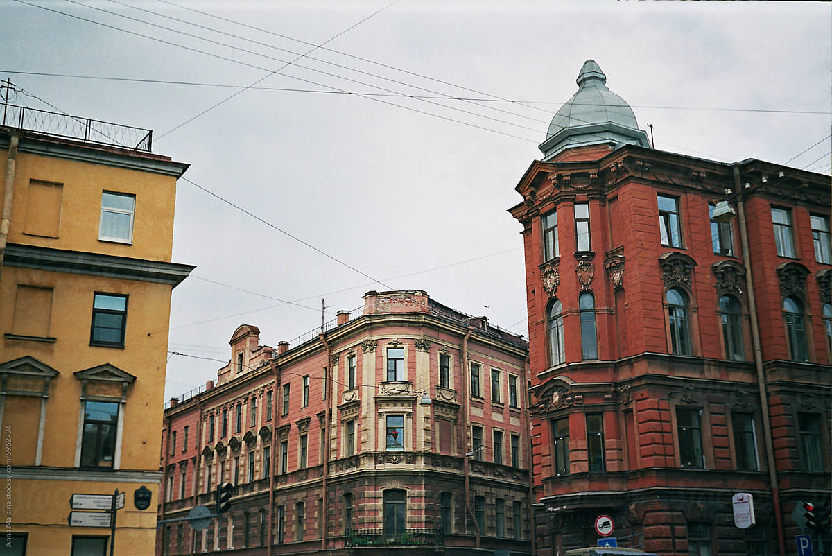 Historic Architecture at a Cloudy European Intersection