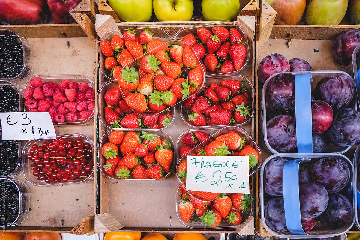 Italian Open Market Selling Strawberries and Fruits