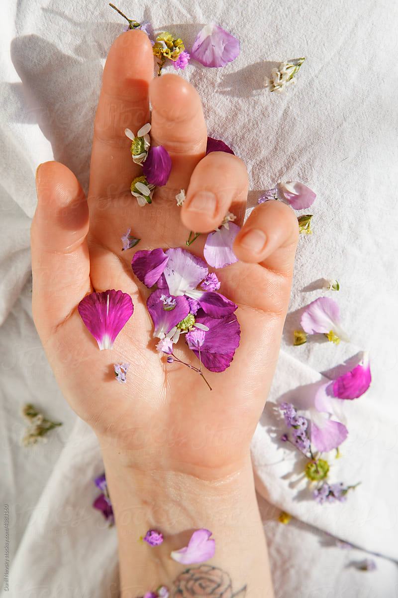 Flowers petals on hand of crop lady on bed