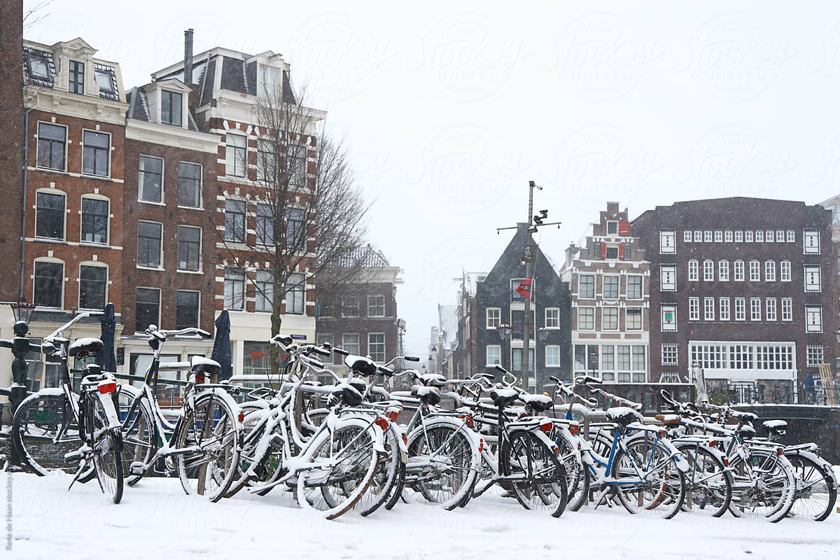 bicycles in the snow in Amsterdam
