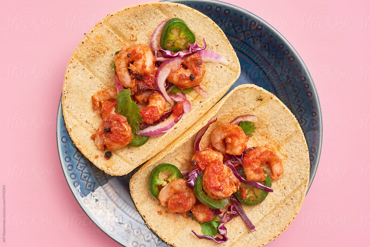 Shrimp Tacos on Pink Table From Above