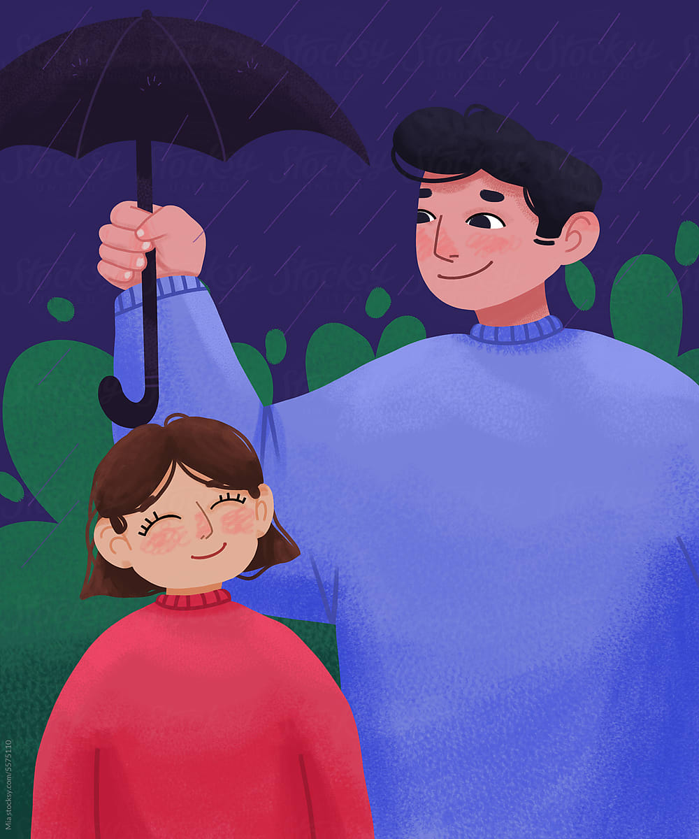 A father and his daughter, sharing an umbrella under a rainy sky