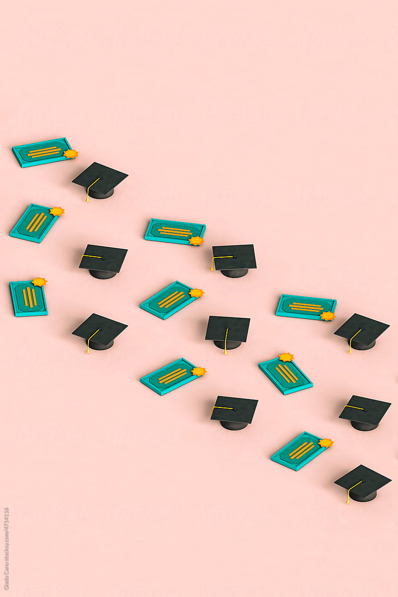 rows of graduation cap and diploma