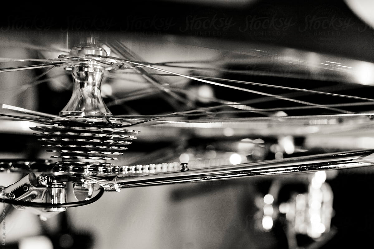 Road Bike Steel frame bicycle detail in monochrome rear gears derailleur