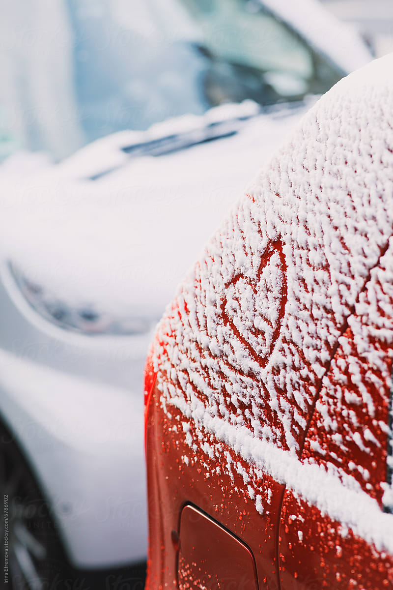 Secret Snowy Affection: Heart on Red Car