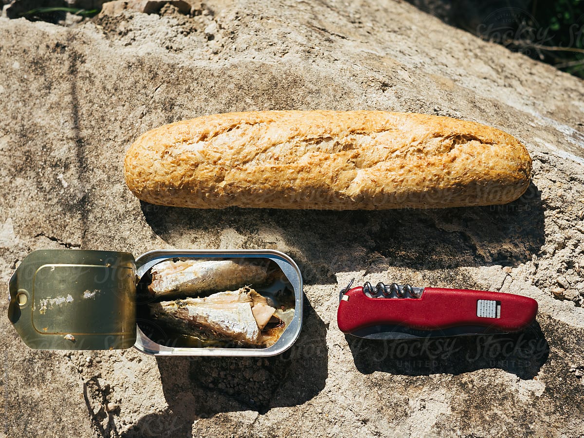 Picnic of sardines, roll and swiss knife