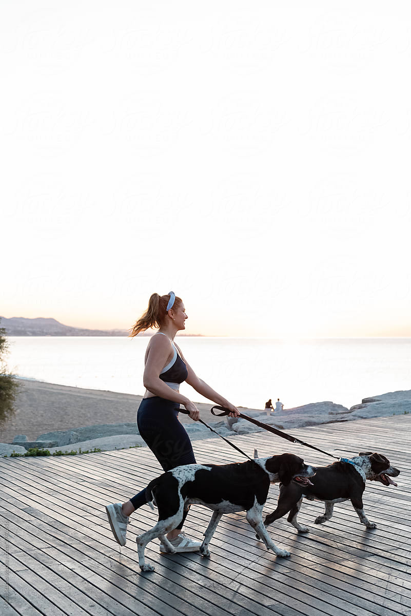 Woman walking with dogs on wooden path