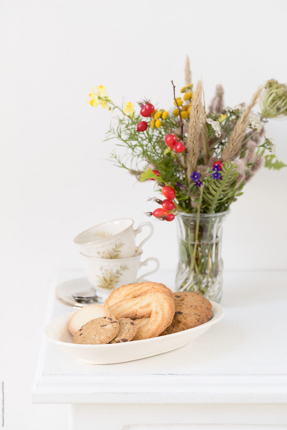 Tea time with cookies and a bouquet of wild flowers picked in the dunes