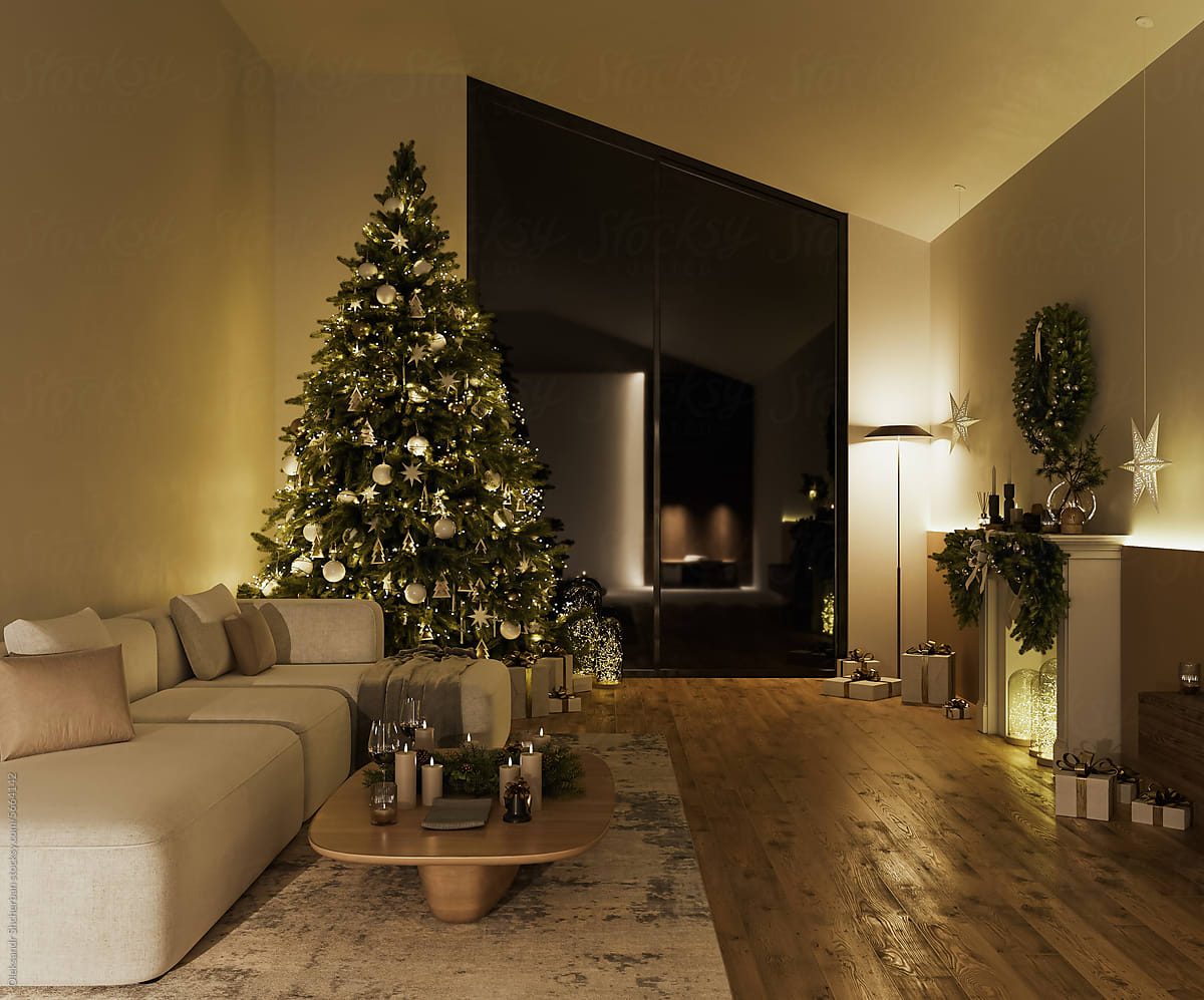 Living room interior at night with christmas decorations , 3d