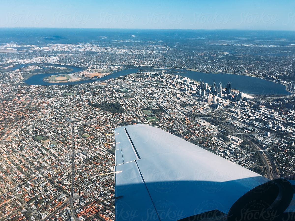 View from a small plane flying over the city of Perth, Western Australia