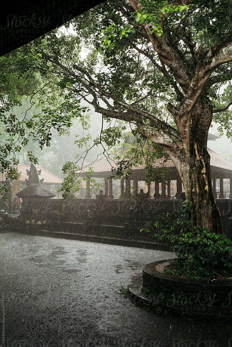 Rainy day in the traditional Balinese Buddhist temple courtyard