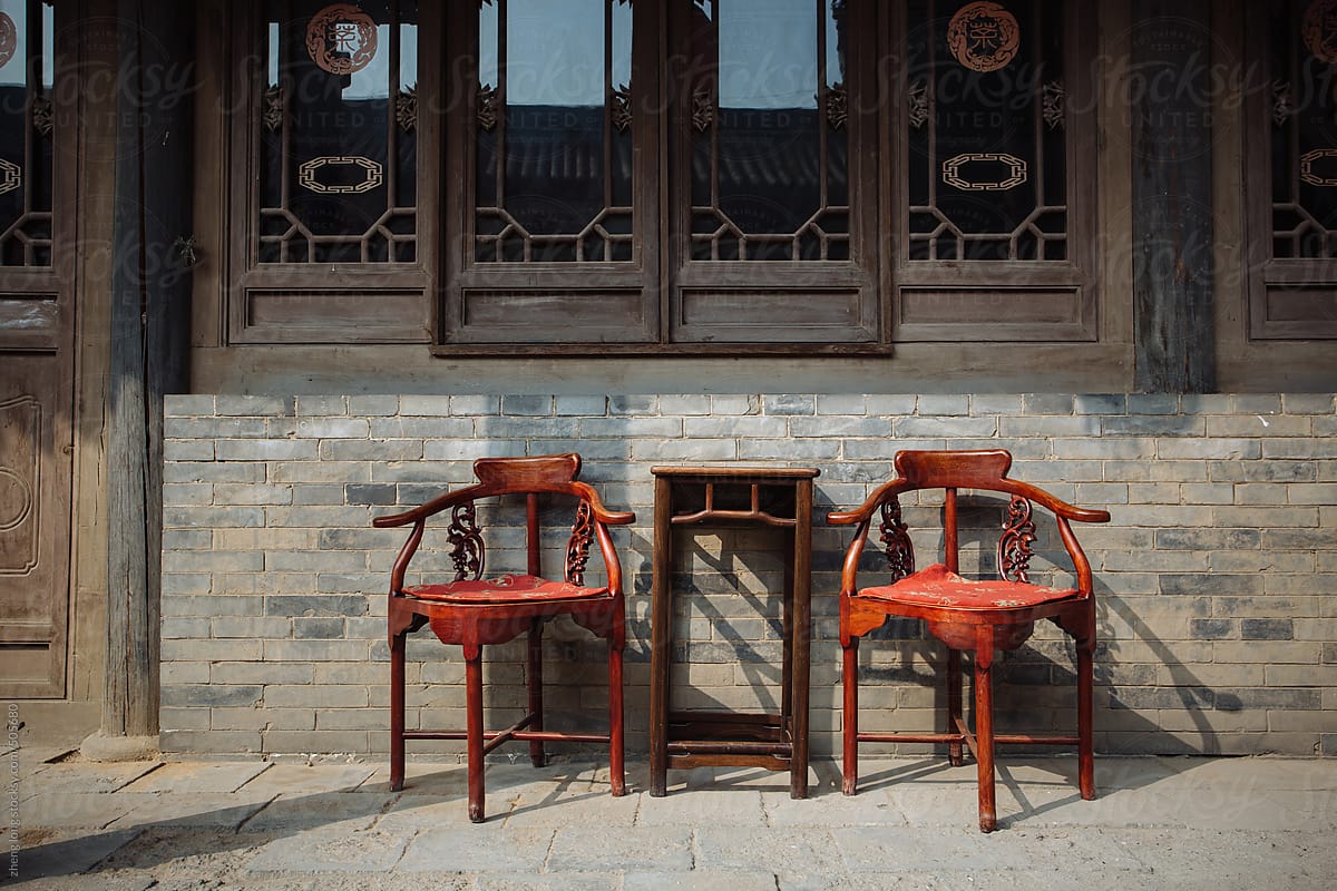 Chinese antique chairs in the teahouse outside