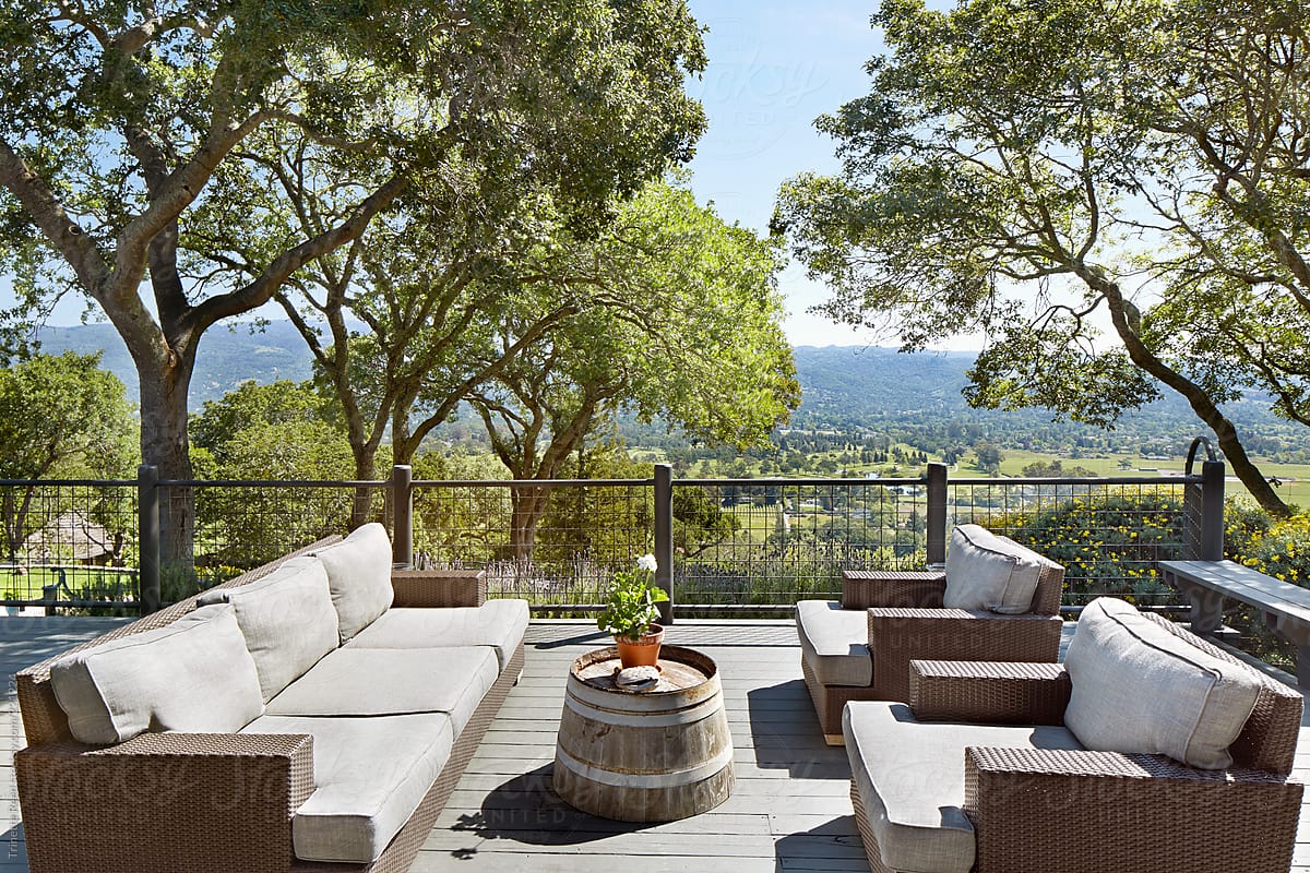Outdoor patio of luxury home with view of Sonoma