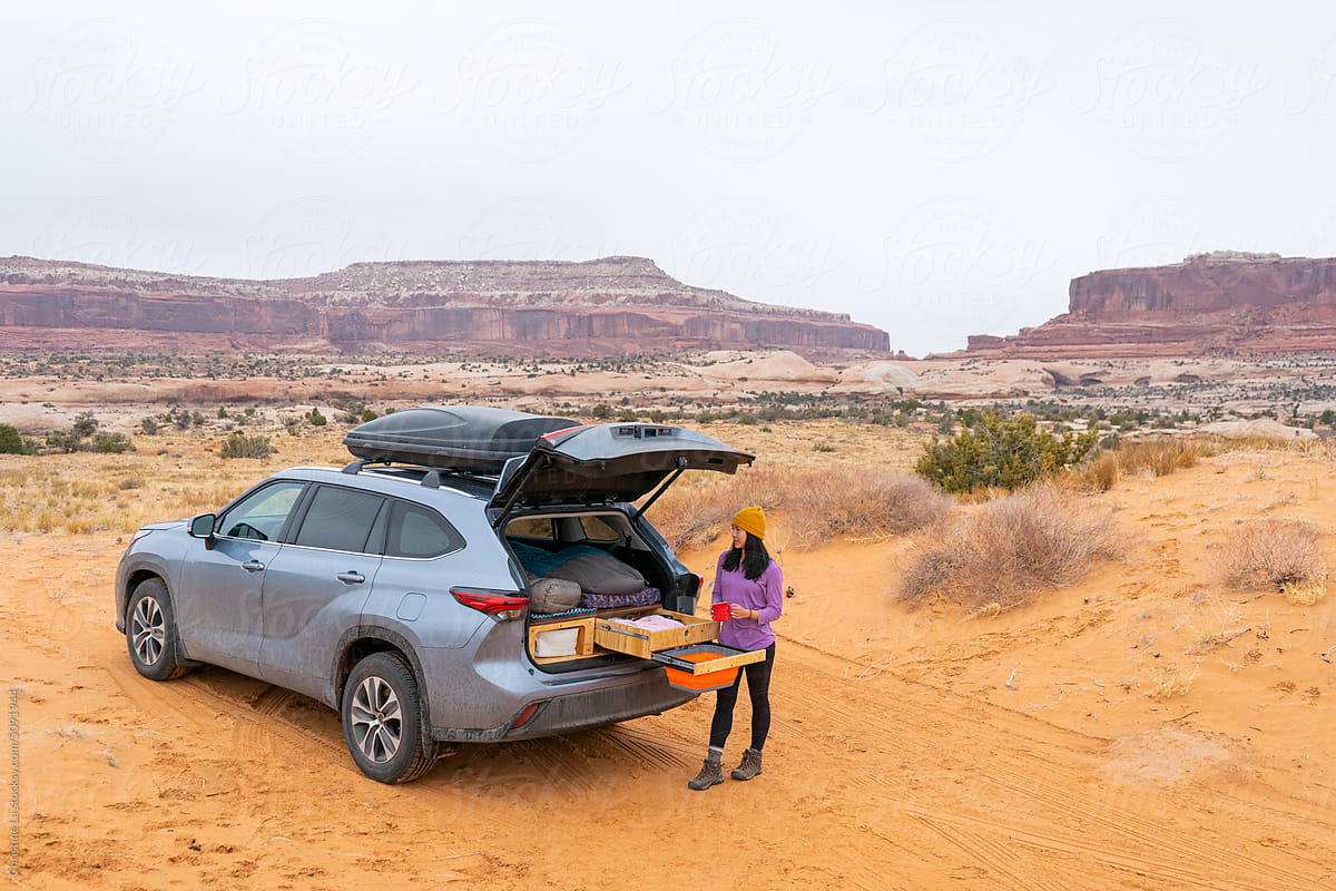 Woman Standing With Car Camper