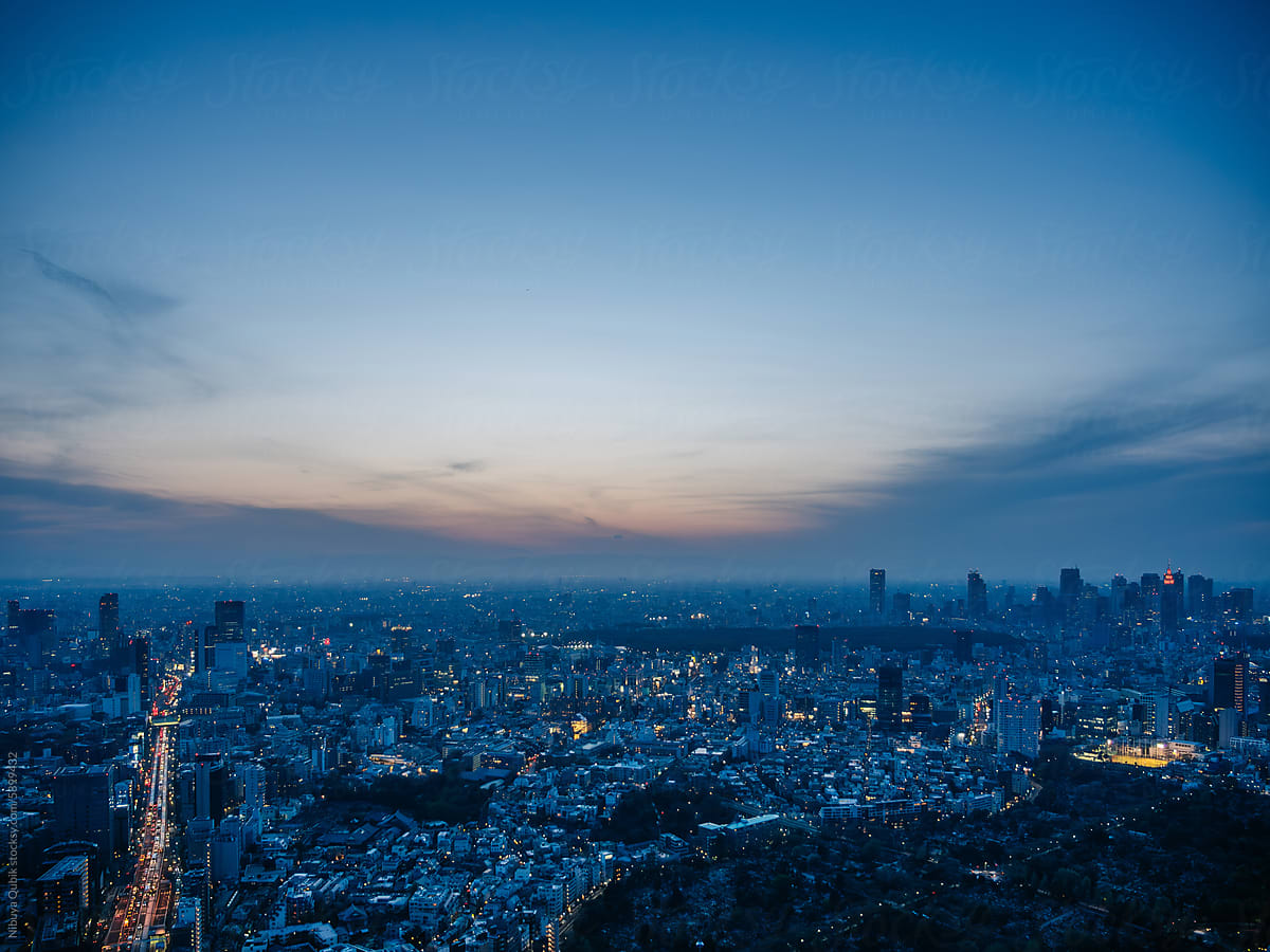 aerial view of the city of tokyo at dusk