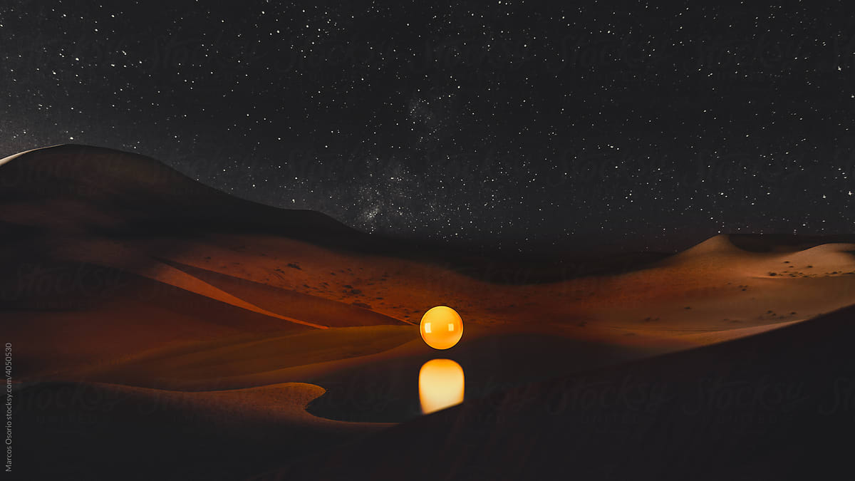 Desert landscape with a sphere of light
