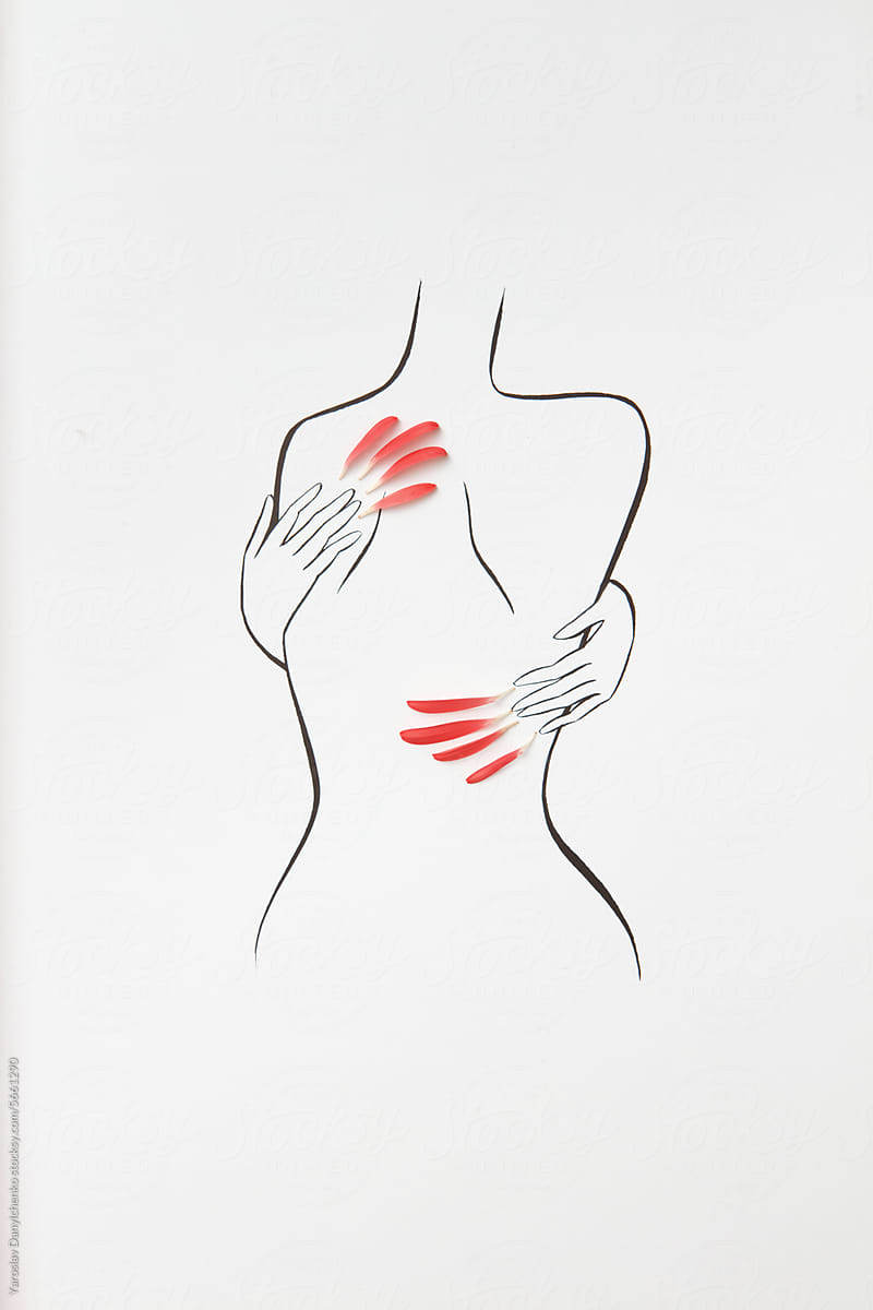 Sketch of woman figure hugging herself with red flower petals