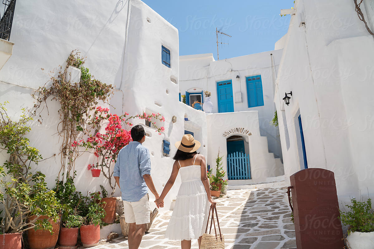 Couple Having A Walk In Greece, Paros Village