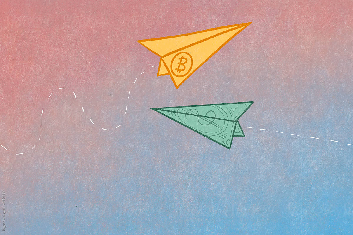 Bitcoin and dollar paper planes