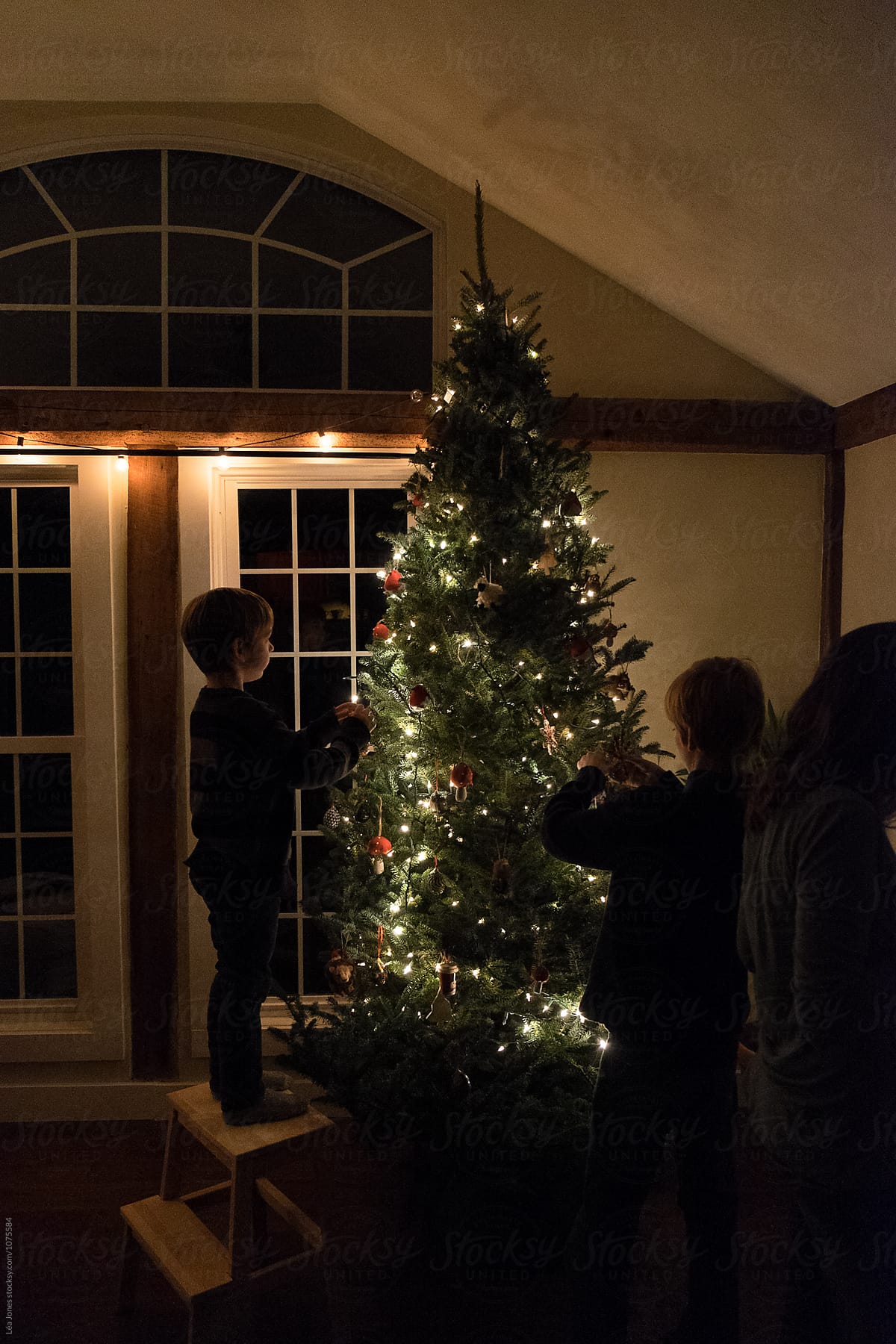 children putting ornaments on a christmas tree