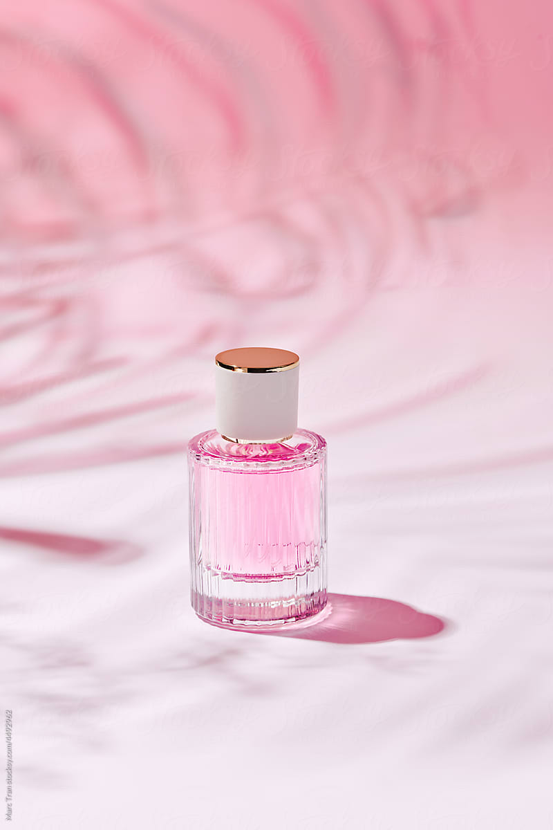 Transparent bottle of perfume on a pink background