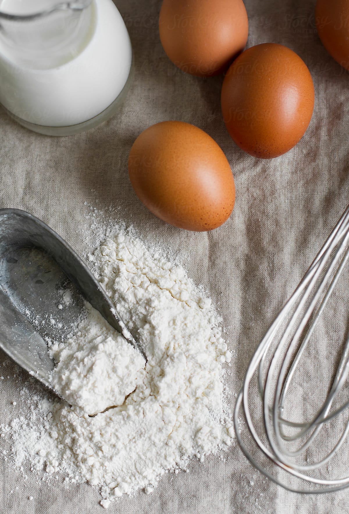 Baking ingredients: eggs, milk, flour