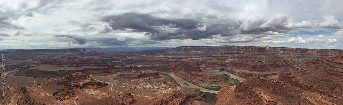 View of a vast landscape of canyons and the Colorado River