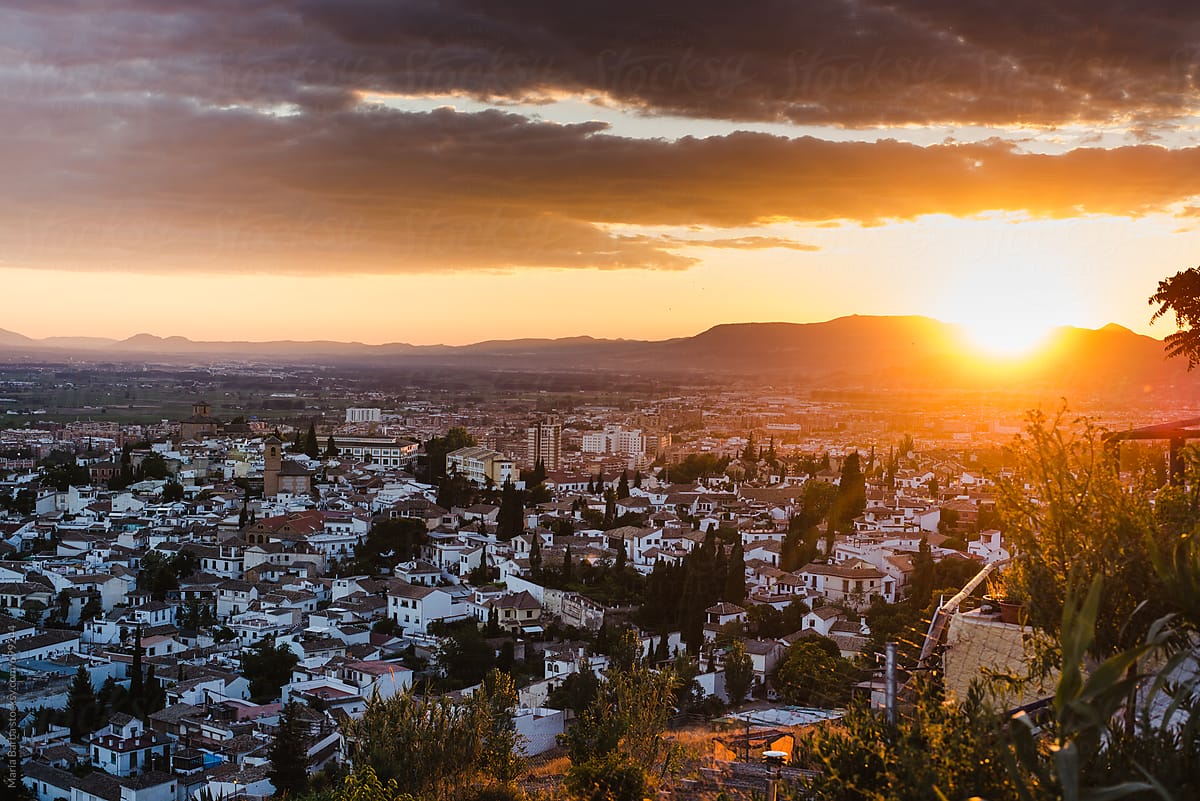 Cityscape of Granada from the mountains (Andalucía, Spain) at sunset