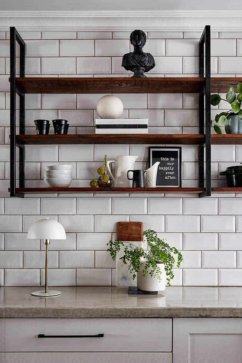 Kitchen scene with open shelving,