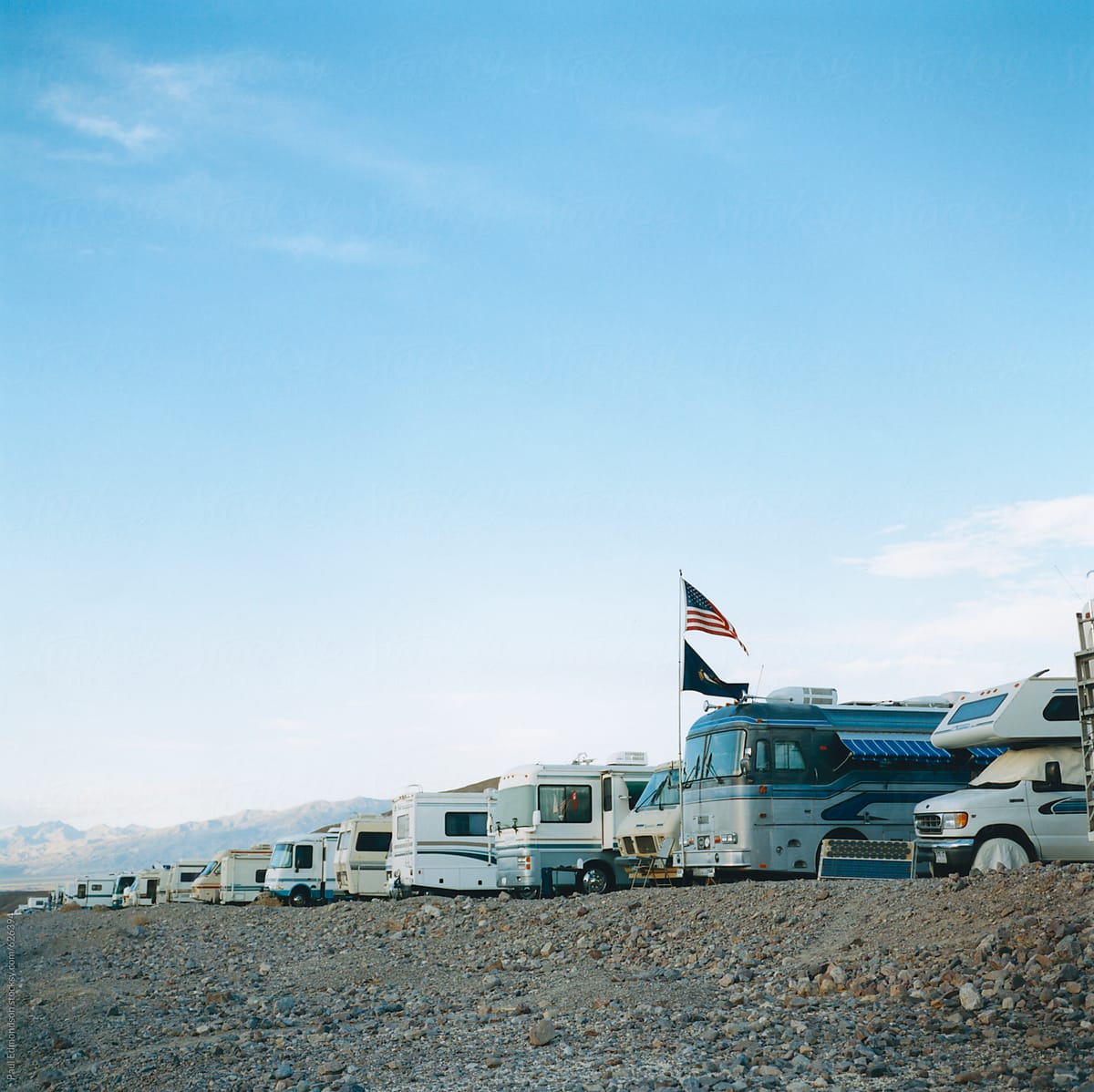 Rows of parked RV\'s in Death Valley NP, CA