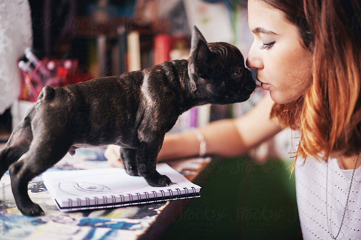 Owner kissing with bulldog puppy.
