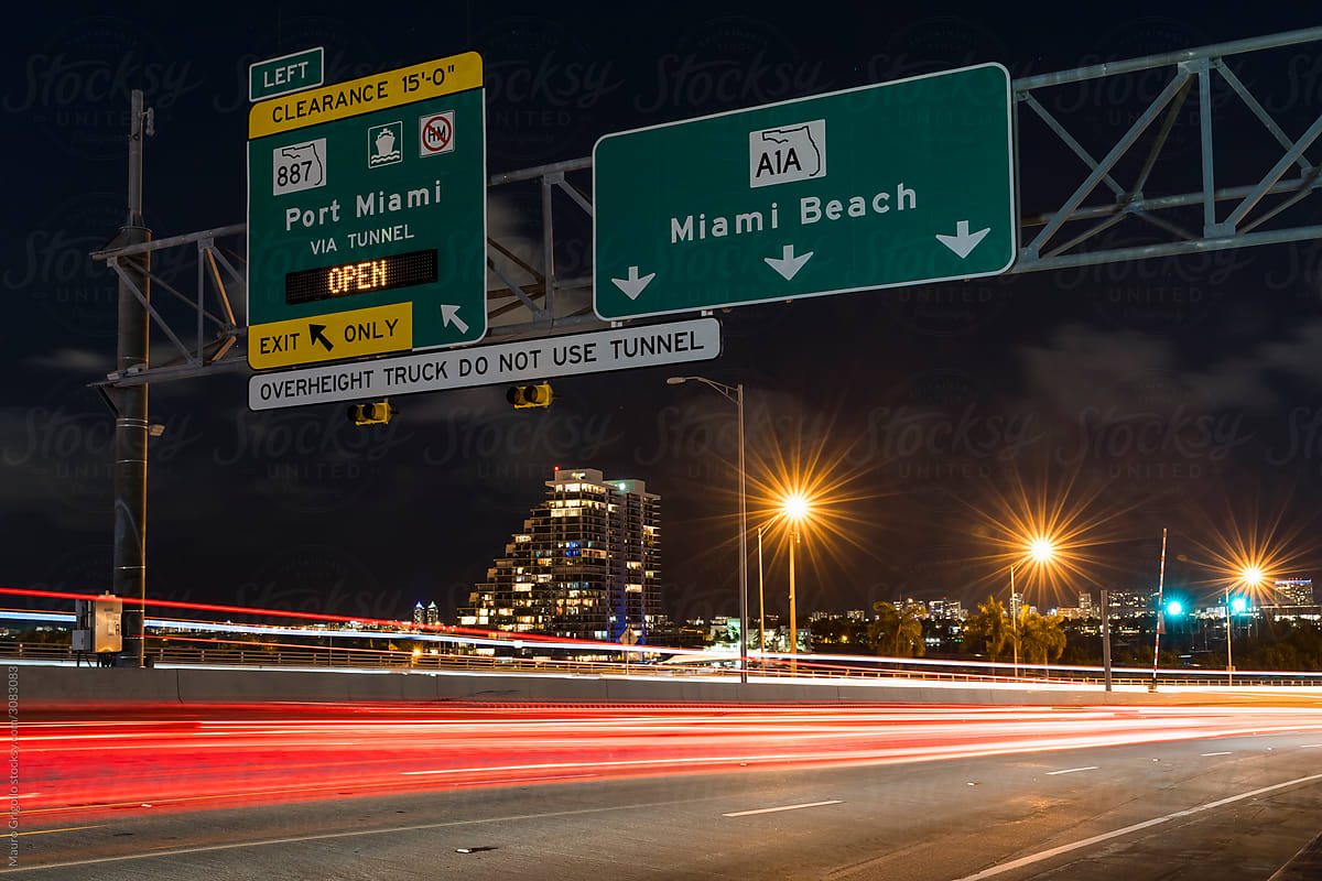 Traffic to Miami Beach. Road signs, Florida. USA.