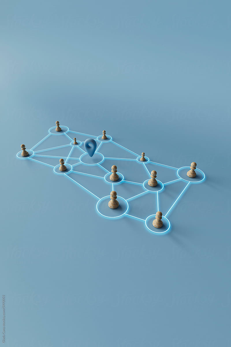 3D Render of Wooden Nodes and Location Marker in Network Concept