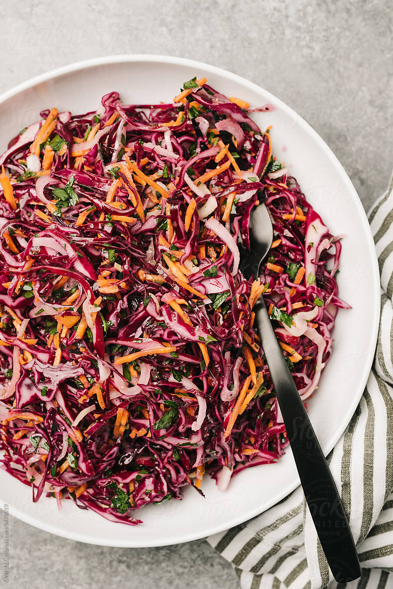 Cropped overhead red cabbage slaw