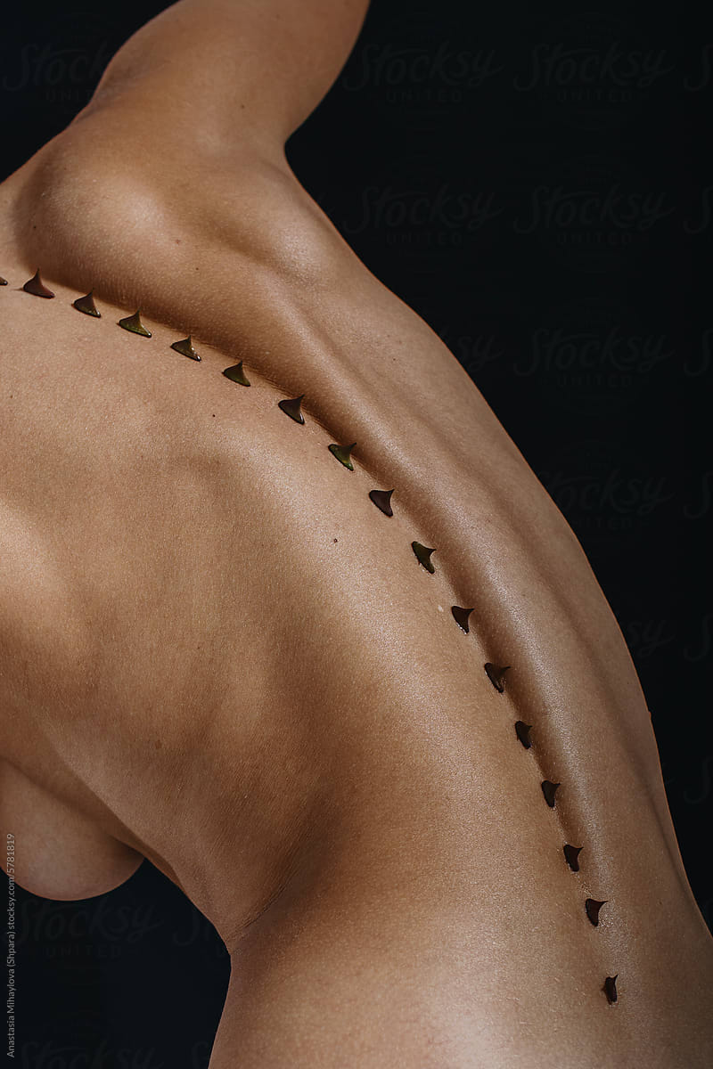 Close up photo of naked woman's skin of the back with thorns on spine