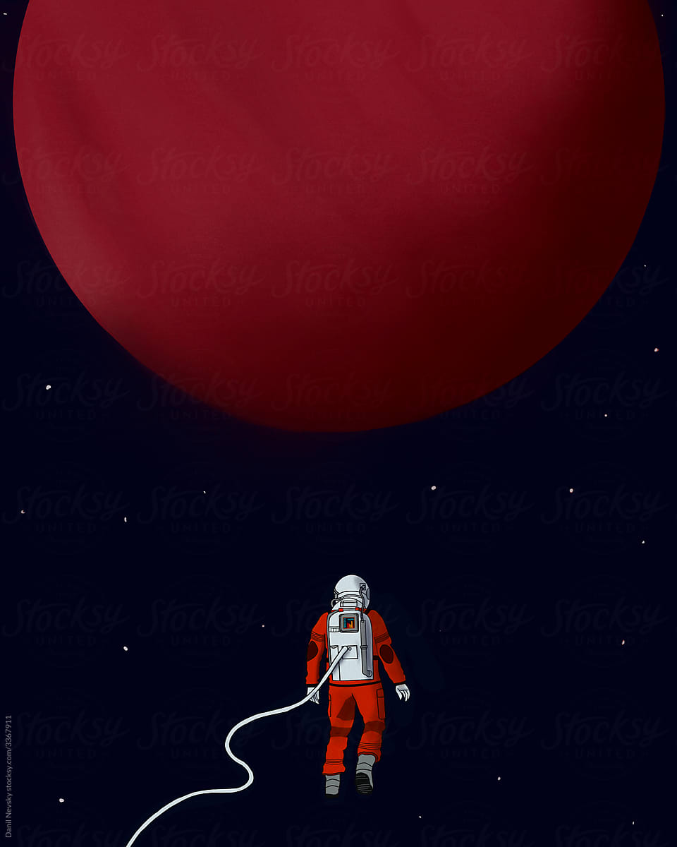 Lonely astronaut flying towards planet