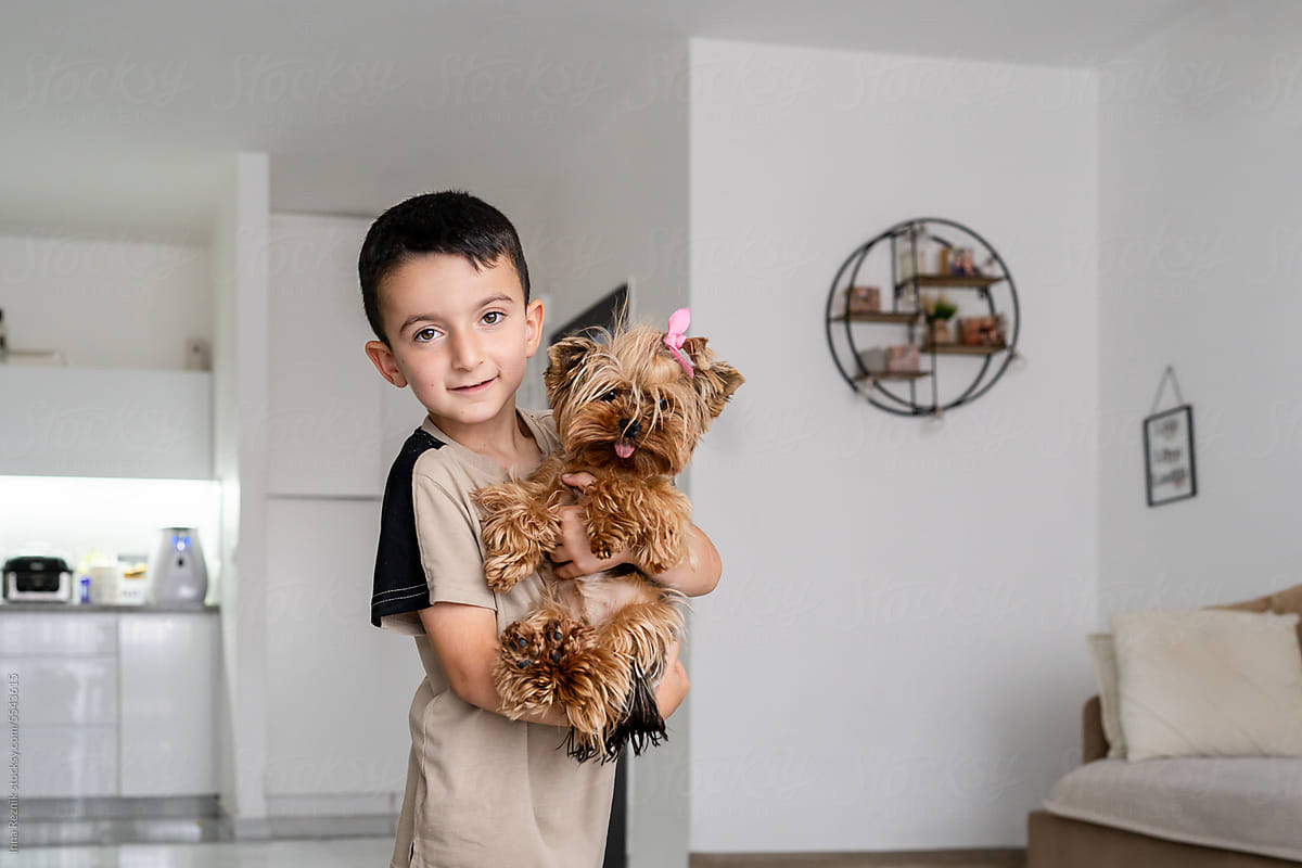 Little Boy Holds Small Dog in Arms, Smiling And Looking At The Camera.